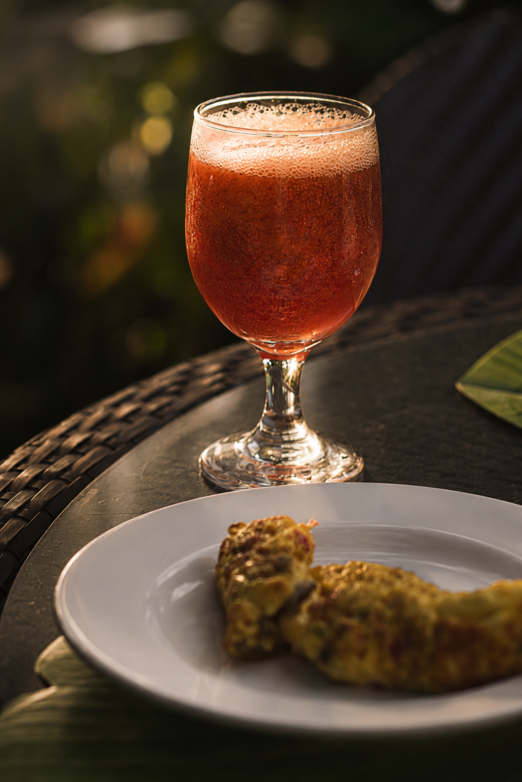 Corn fritters and watermelon juice at golden hour