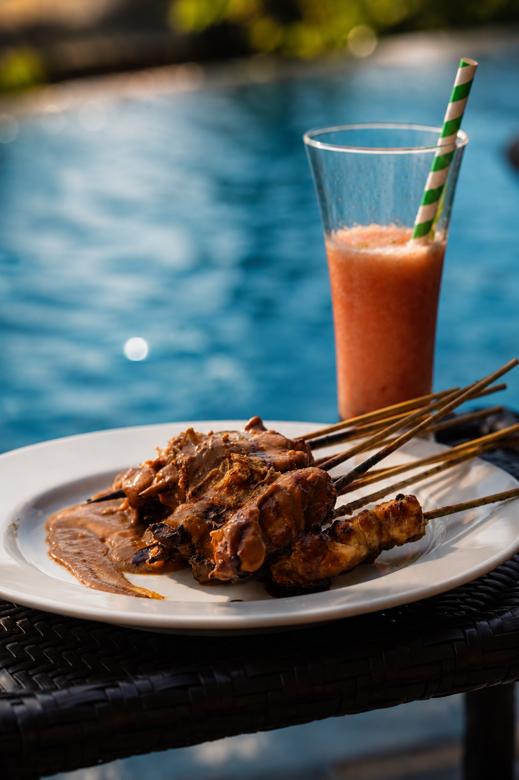 Chicken sate and fresh juice by the pool