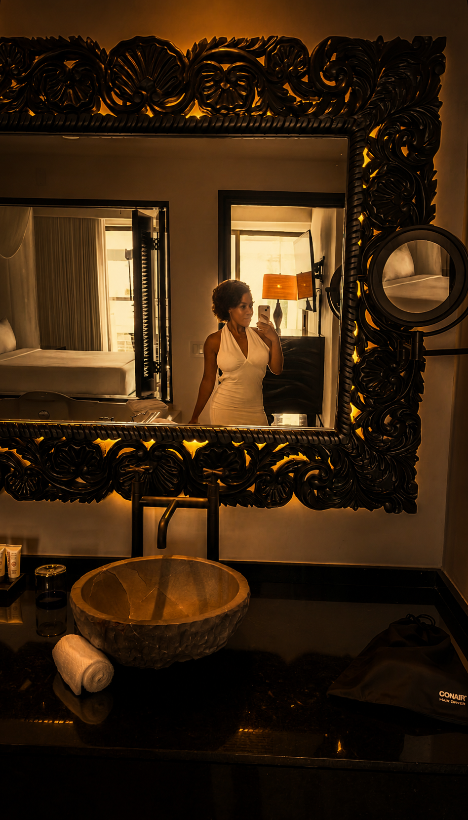 Hand-carved mirror in the Cabo Azul villa