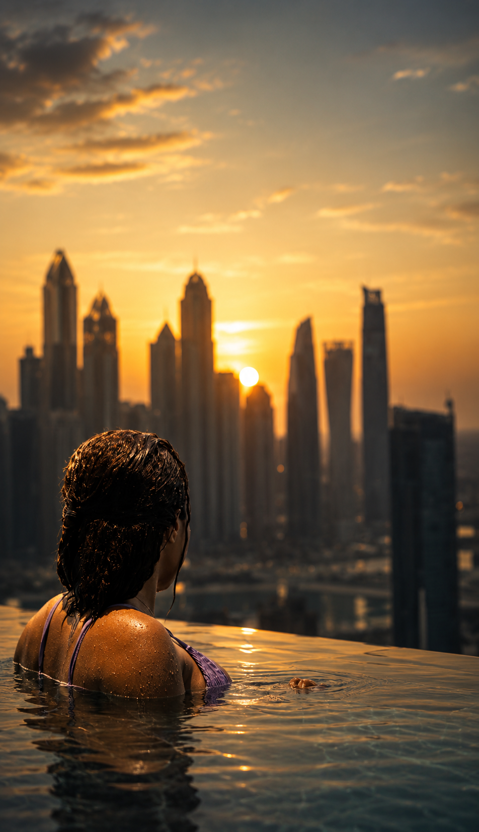 Aura Sky Pool — sunset between the towers