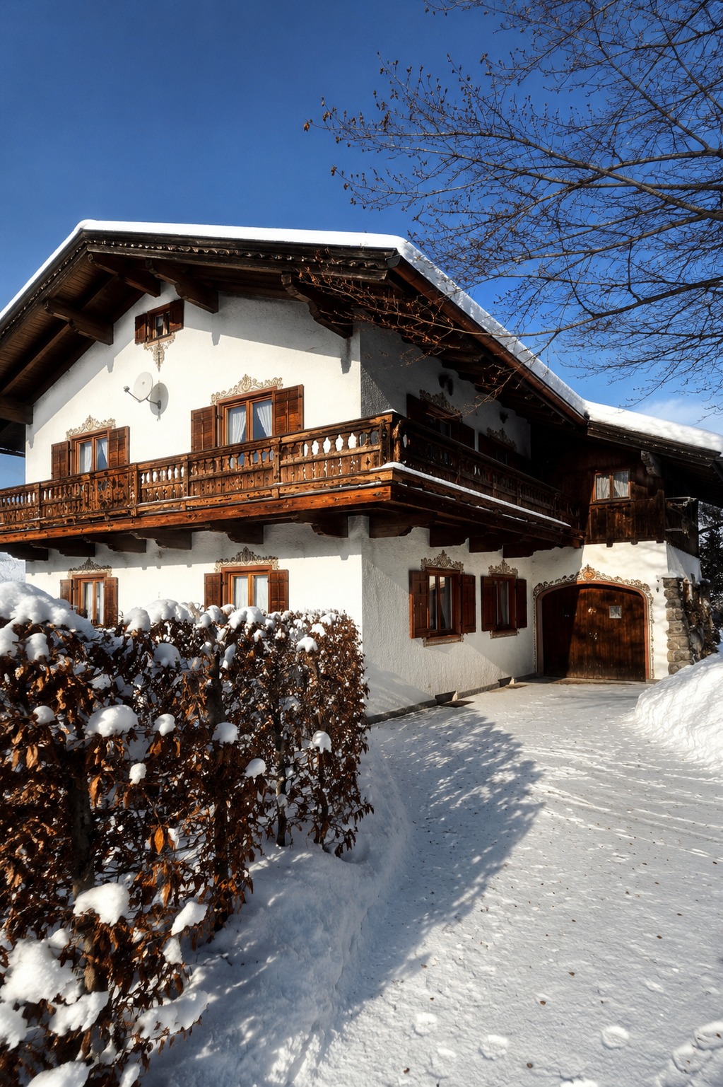 Traditional Bavarian chalet under fresh snow