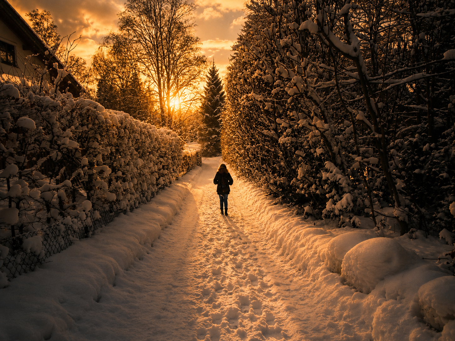Golden hour on a snow-lined hedgerow path
