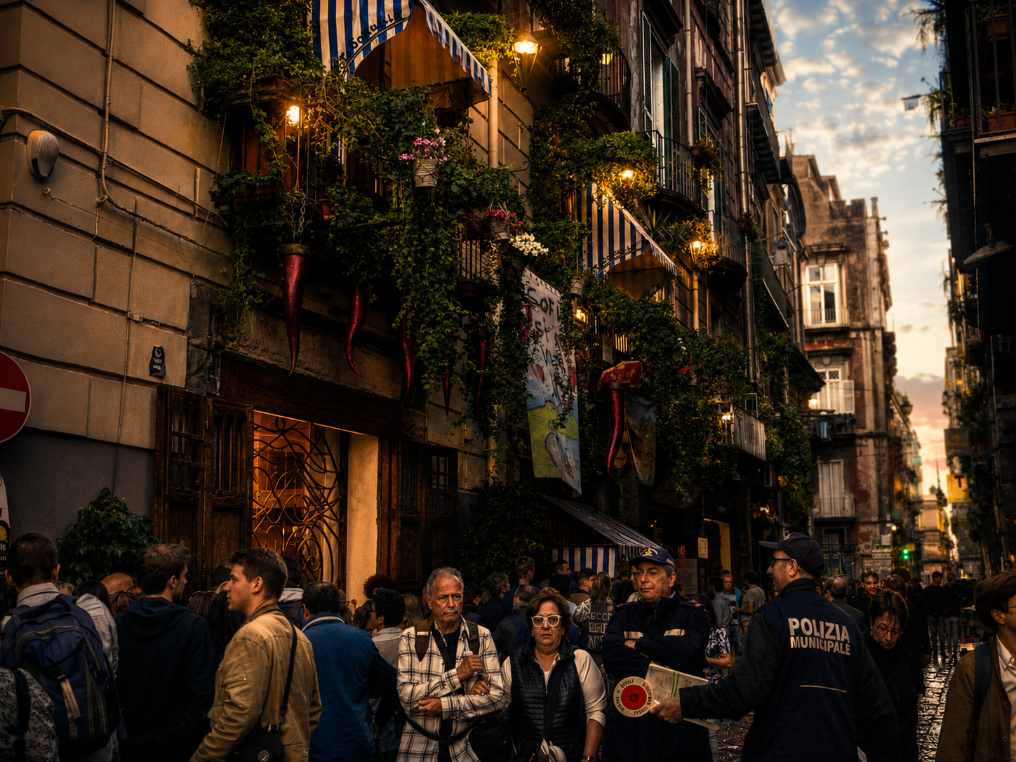 Via dei Tribunali at golden hour — the line outside Sorbillo
